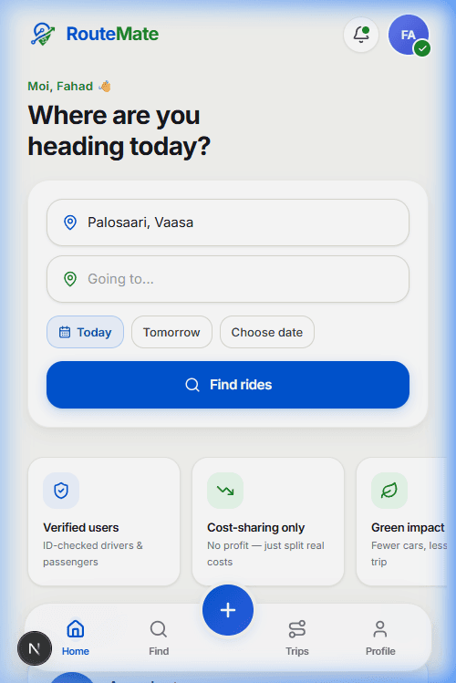 RouteMate app — home screen showing cost-sharing rides in Vaasa