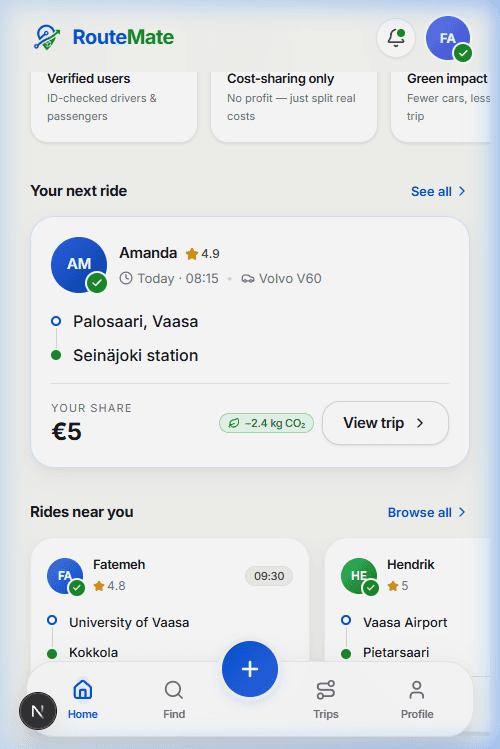 RouteMate available rides and trip cards